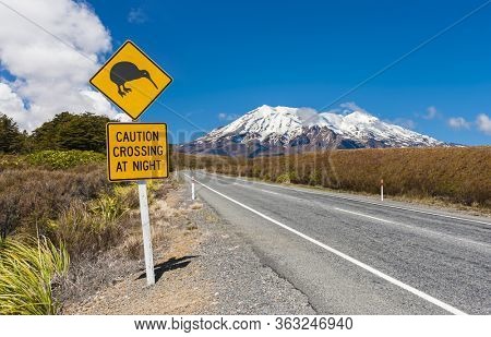 Kiwi sign near the road leading to the volcano Mt. Ruapehu, national park Tongariro. New Zealand.  