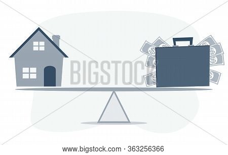 Housing Loan Market. Sample Houses And Suitcase On The Seesaw Real Estate Concepts. Stock Flat Vecto