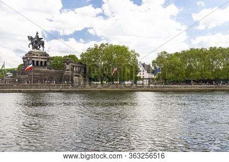 Koblenz, Germany May 2019. Panoramic View Of  Historic German Corner (deutsche Eck) Where Rhine And 