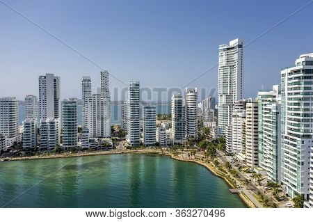Aerial View Of A Skyline Of White Residential Skyscrapers In Cartagenas Prestigious Castillogrande D