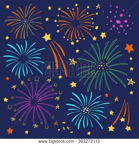 Set Of Different Colorful Vector Fireworks. Hand Drawn Vector Sketch