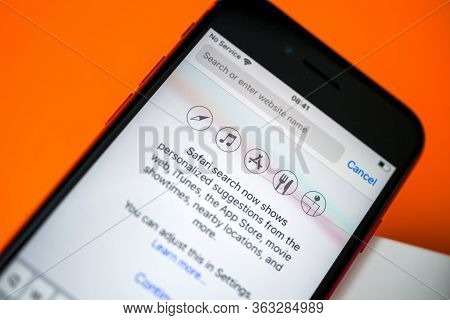 Paris, France - Apr 26, 2020: Safari Browser Search Noew Shows Suggestions From Web On New Budget Ip