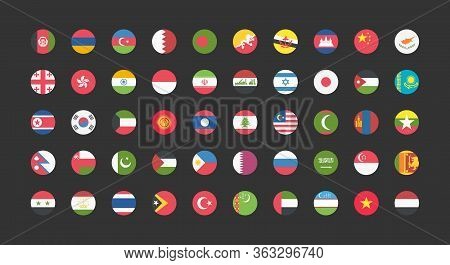 Asian Countries Flags Round Web Buttons In Flat. Vector Eps 10