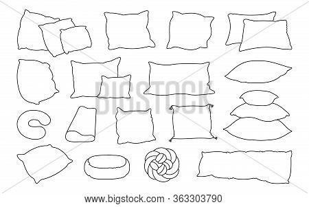 Pillow Black Line Silhouette Set. Outline Home Interior Textile. Sofa Bed Sleep Pillows Colored Page