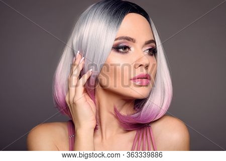 Beauty Portrait Of Woman With Ombre Bob Short Hairstyle. Beautiful Coloring  Hair. Trendy Puprle Hai