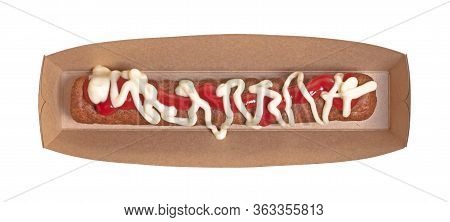 One Frikadel With Ketchup And 
Mayonnaise, A Dutch Fast Food Snack On A Paper Tray