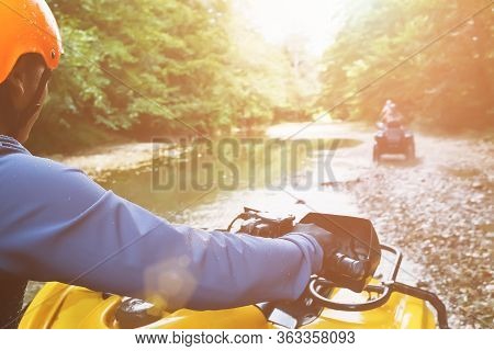 A First-person Person Driving An Off-road Atv, A View From The Atv.