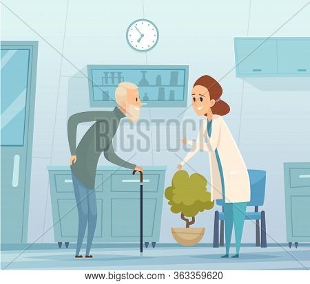 Medicine For Elderly. Geriatrics, Old Man And Doctor. Hospital Visit, Medical Facility And Nurse Wit