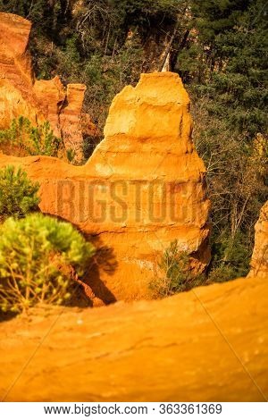 Vertical Picture Of Ochre Trail In Roussillon, Sentier Des Ocres, Hiking Path In Natural Colorful Ar