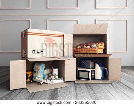 Concept Of Delivery Of Goods For Home Repair Goods Furniture And Household Appliances In Open Boxes 