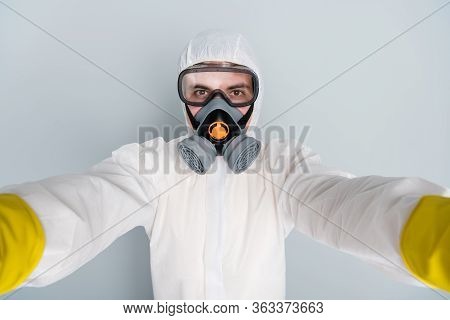 Closeup Photo Of Specialist Disinfectant Guy Recording Working Process Video Make Selfies Popular Bl
