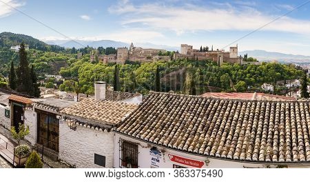 Granada, Spain, 23rd April, 2020 Panoramic View Of The Alhamabra From Albaicin Empty Of People
