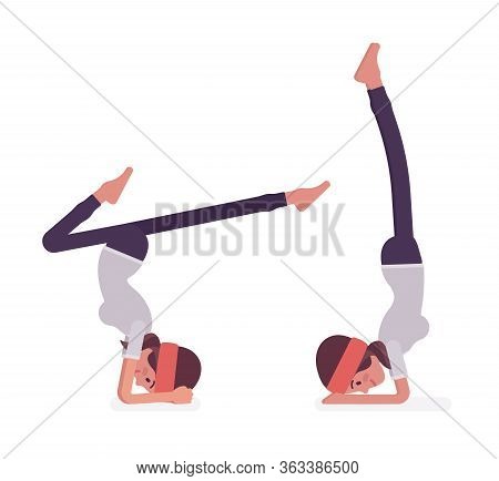 Woman In Yogi Sport Wear Practicing Yoga, Headstand, Variation Of Salamba Sirsasana Pose And Handsta