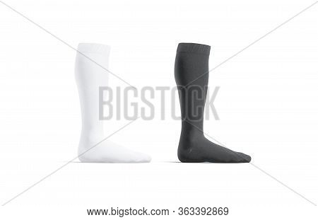 Blank Black And White Soccer Socks Mock Up Stand, Isolated, 3d Rendering. Empty Athlete Tights Or Le