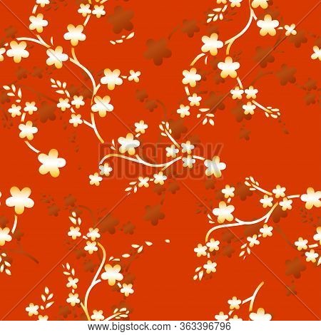 Gold Flower On Red Background - Retro Style Chinese Parttern Seamless. Vector.