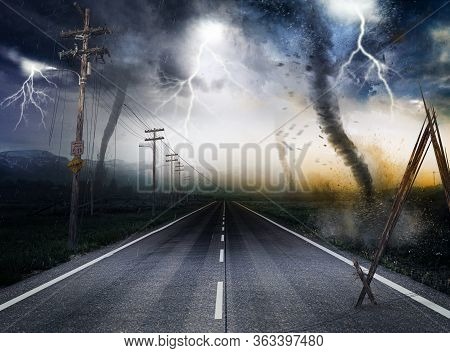 Destructive Powerful Tornados Along A Road Leading To The Horizon With Lightning In The Background, 