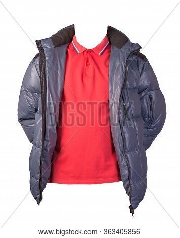 Mens Redt-shirt And Blue Jacket Isolated On White Background.casual Clothing