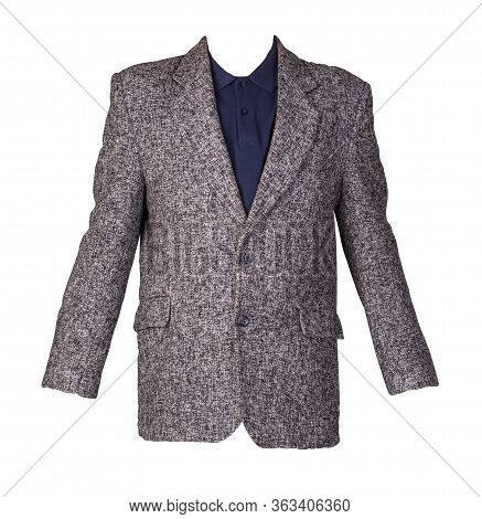 Gtay Jacket With Buttons And A Dark Blue T-shirt With A Collar And Buttons Isolated On A White Backg