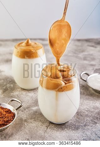 Iced Dalgona Coffee, A Cool Trendy Fluffy Whipped Creamy Coffee. Latte Espresso With Coffee Foam In 