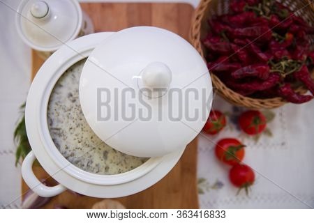 Dovga In The On Wooden Board . National Food Of Azerbaijan . Creamy Soup Dovga . Azerbaijani Dovga S