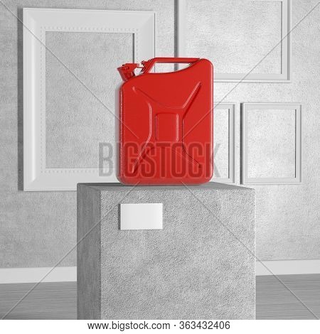 Red Metal Jerrican With Free Space For Yours Design Over Pedestal, Stage, Podium Or Column In Art Ga