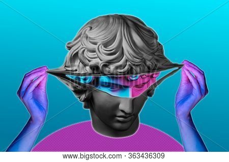 Collage With Plaster Antique Sculpture Of Human Face In A Pop Art Style. Creative Concept Colorful N