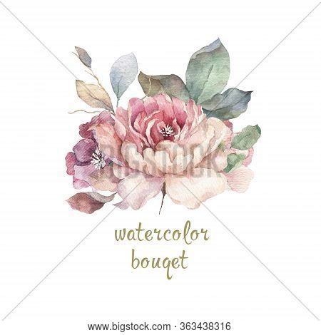 Hand Drawn Watercolor Bouquet With Red, White And Blue Roses, Peony And Lilac Flowers And Green Leav