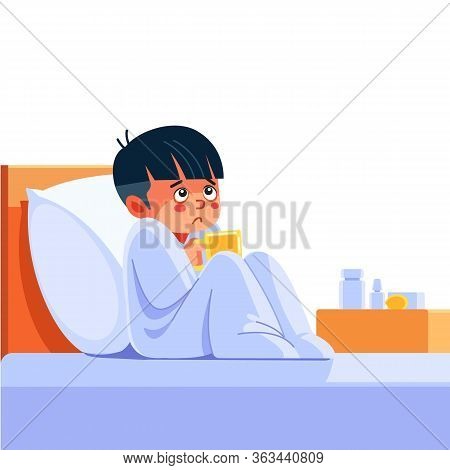 Sick Child With Seasonal Infections, Flu, Allergy Lying In Bed. Sick Boy Covered With A Blanket Lyin