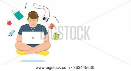 A Young Man With Laptop And Personal Accessories, Floating In The Air. Working From Home, Concept Ve