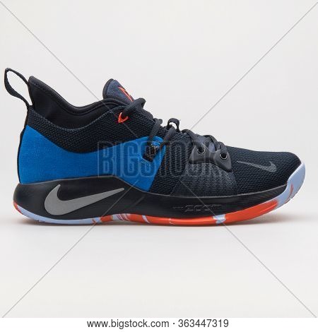 Vienna, Austria - February 19, 2018: Nike Pg 2 Dark Obsidian, Blue And Silver Sneaker On White Backg