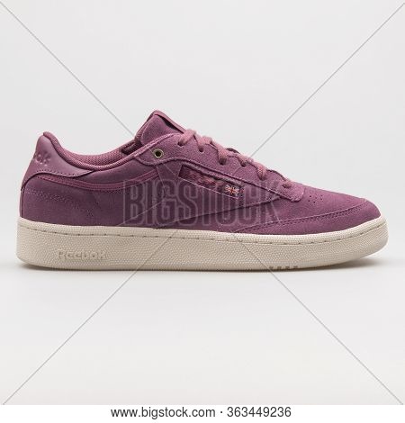 Vienna, Austria - February 19, 2018: Reebok Club C 85 Mcc Purple Sneaker On White Background.