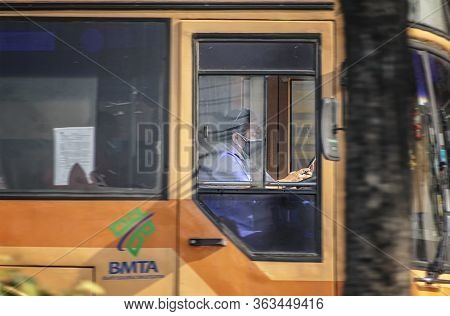 Bangkok, Thailand - April 24: Unnamed Bmta Public Bus Driver Focuses On Mobile While Driving At Spee