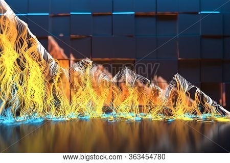 Abstract Crysis Chart Of Falling Stock Made Of Fire And Sparks. Representing Business Recession Conc