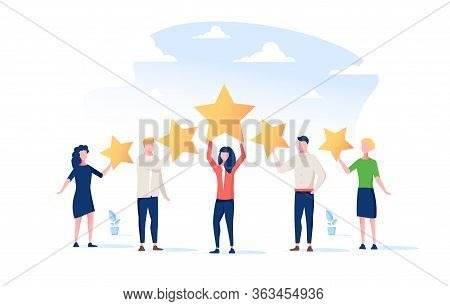 Happy People Are Holding Review Stars Over Their Heads. Five Stars Rating. Customer Review Rating An