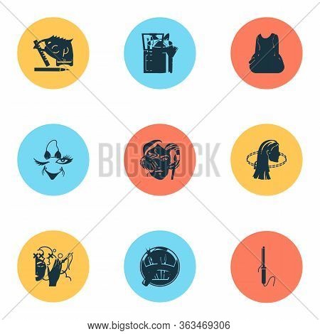Beautiful Icons Set With Highlighter, Cosmetic Bag, Bronzer And Other Beauty Elements. Isolated Vect