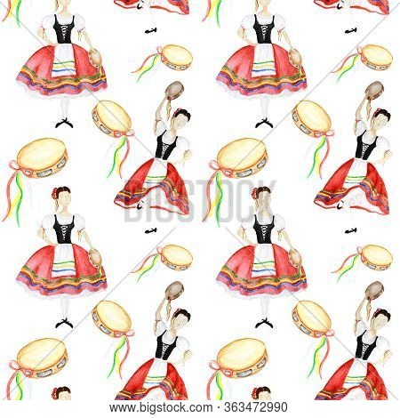 Seamless Pattern Dancers In National Costume An Italian Tarantella With A Tambourine On White Backgr