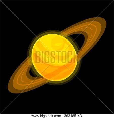Saturn Cartoon Illustration Isolated On Black Background. Jupiter Vector Icon. Yellow Planet With Ri