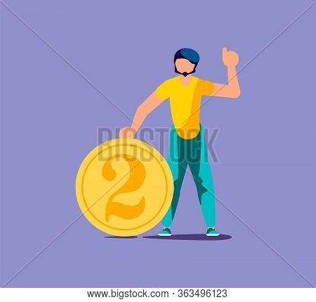 Young Man Holds A Coin Two Cents. Put My Two Cents In Or Cash Back Rewards Metaphor. Isolated On Pur