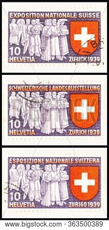Seattle Washington - April 27, 2020: 1939 Swiss National Exhibition Stamps Issued In Three Languages