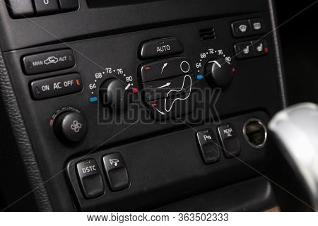 Novosibirsk/ Russia - April 02   2020: Volvo Xc90, Close Up Instrument Automobile Panel With  Climat