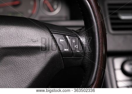 Novosibirsk/ Russia - April 02   2020: Volvo Xc90,  Steerling Wheel  With Music,  Control System Fun