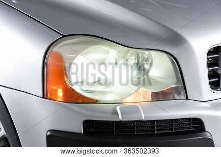 Novosibirsk/ Russia - April 02   2020: Volvo Xc90, Detail Light Close Up Of On New Car. Exterior Det