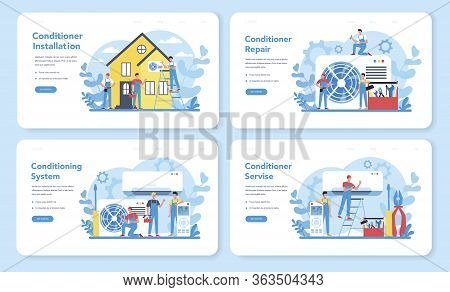 Air Conditioning Repair And Instalation Service Concept Set. Repairman