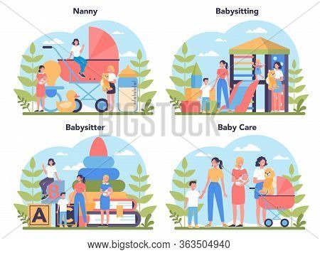 Babysitter Service Or Nanny Agency Concept Set. In-home Babysitter.