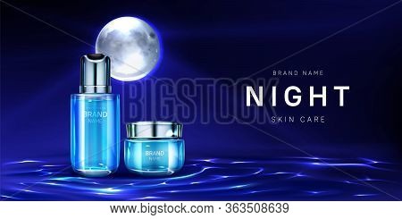 Cosmetics For Night Skin Care Banner. Pump Bottle And Cream Jar On Water Surface Under Full Moon Lig