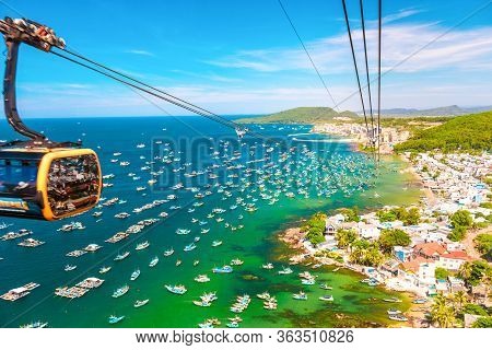 The Highest Cable Car In  Fukuok, Vietnam, A Long Walk At High Altitude Above The Sea. View From Abo