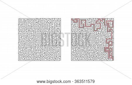 Complecated Labyrinth Maze Game For Children. Difficult Puzzle With Solution. Vector Illustration.