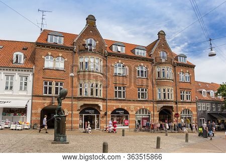 Haderslev, Denmark - June 26, 2019: Historic Building In The Shopping Center Of Haderslev, Denmark