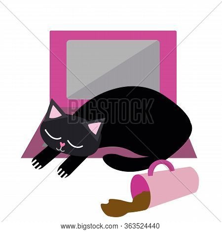 Cute Cartoon Pet Cat And Laptop Vector Illustration. Sleepy Black Kitty Snoozes On Keyboard With Spi