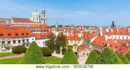 Vrtbovska Garden In Prague. Terraced Baroque Garden And Overview Of Lesser Town With St Nicholas Chu